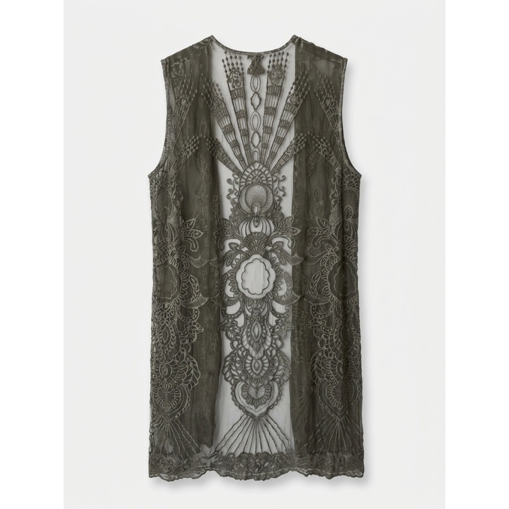 Aris A 100% Silk Embroidered Lace Duster Vest Gray Open Front Longline Medallion